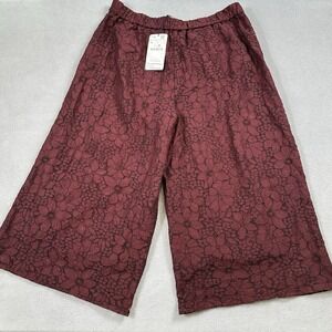 NWT ZARA Lace Wide Leg Pants Womens L Burgundy Floral Elastic Waist